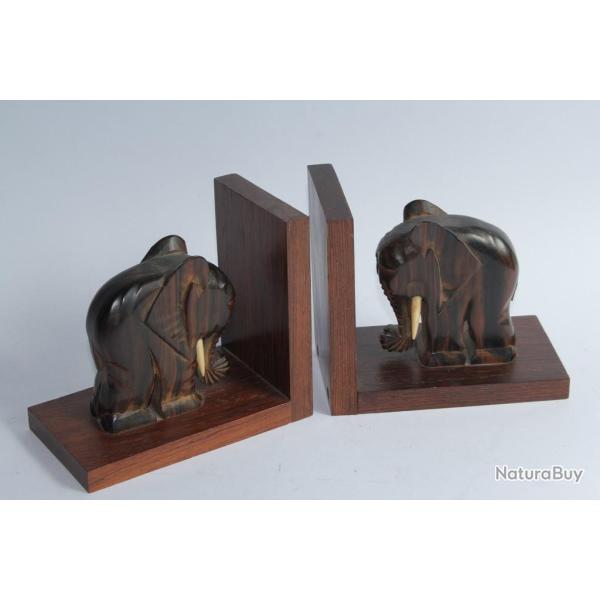 Serre-livres lphants bois sculpt Art dco
