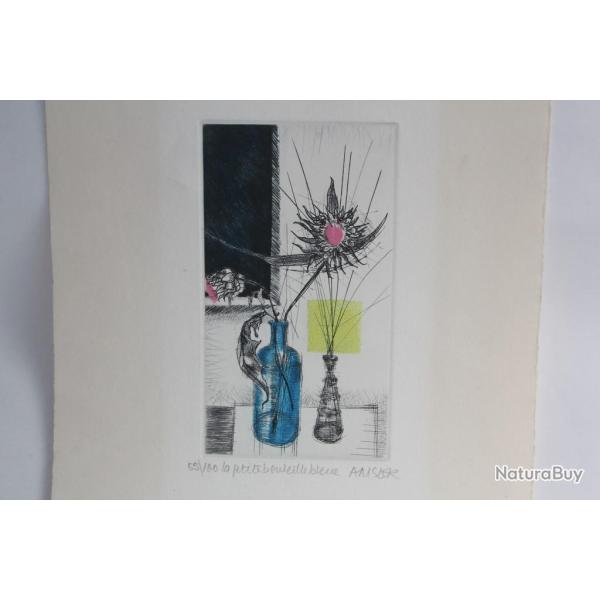 Lithographie originale Marcelle AMSLER La petite bouteille bleue 55/100