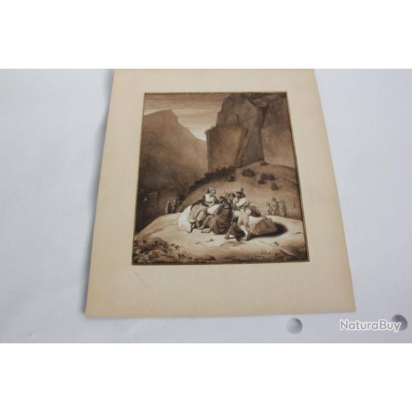 Jean Gabriel SCHEFFER Dessin original s�pia Chasseurs en montagne 1825