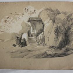 François DIDAY Dessin original Bord de lac Suisse