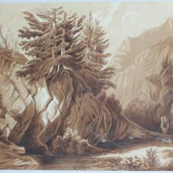 François DIDAY Dessin original à l'encre sépia Paysage Alpin Suisse