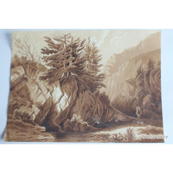 Fran�ois DIDAY Dessin original � l'encre s�pia Paysage Alpin Suisse