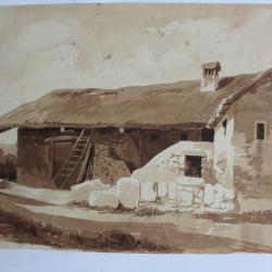 François DIDAY Dessin original à l'encre sépia Grange Suisse