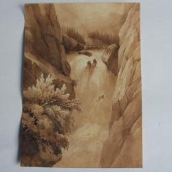 François DIDAY Dessin original sépia Cascade de la Handeck Suisse