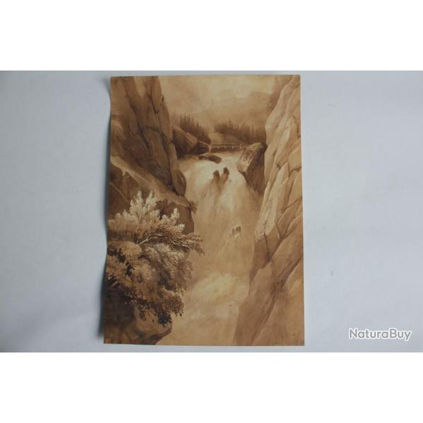 Fran�ois DIDAY Dessin original s�pia Cascade de la Handeck Suisse