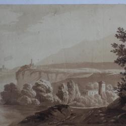 François DIDAY Dessin original à l'encre sépia Paysage alpin Suisse