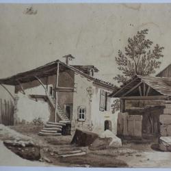 François DIDAY Dessin original à l'encre sépia Ferme Suisse