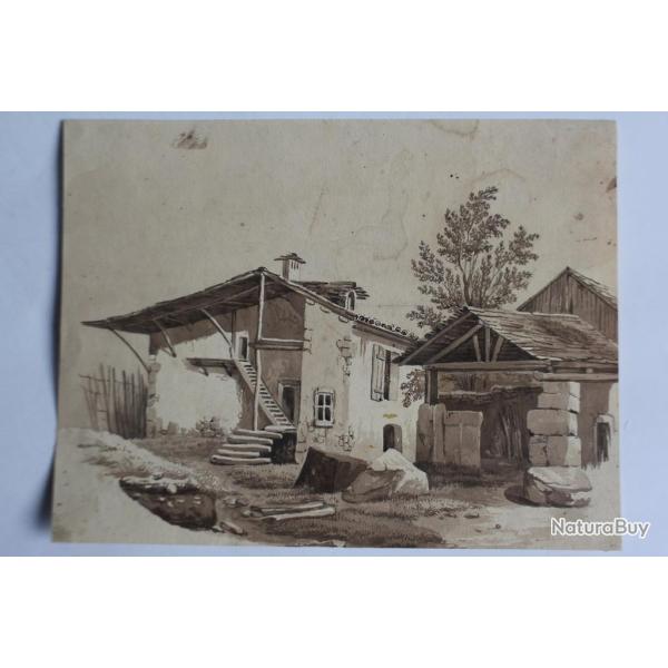 Fran�ois DIDAY Dessin original � l'encre s�pia Ferme Suisse