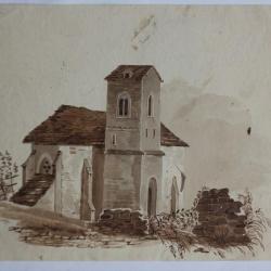 François DIDAY Dessin original à l'encre sépia Chapelle alpine Suisse