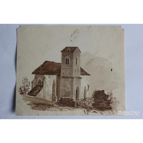 Fran�ois DIDAY Dessin original � l'encre s�pia Chapelle alpine Suisse