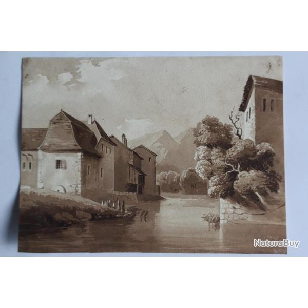 Franois DIDAY Dessin original  l'encre spia Village alpin Suisse