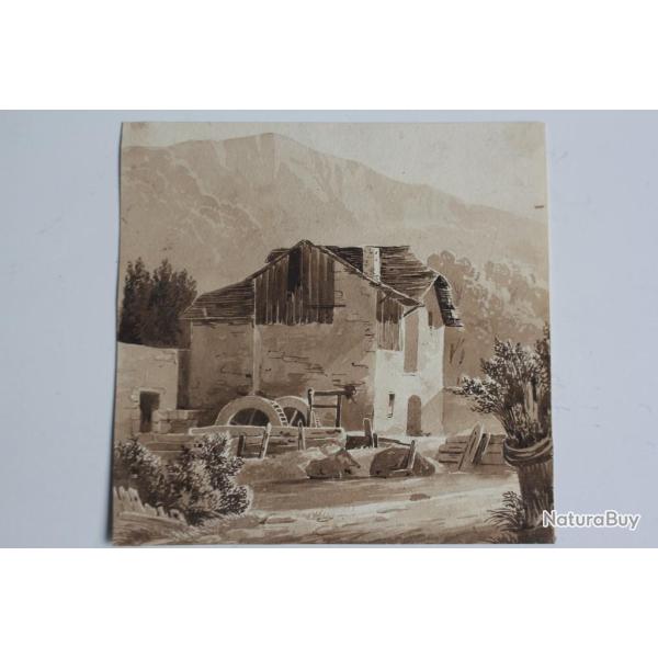 Fran�ois DIDAY Dessin original � l'encre s�pia Moulin Suisse