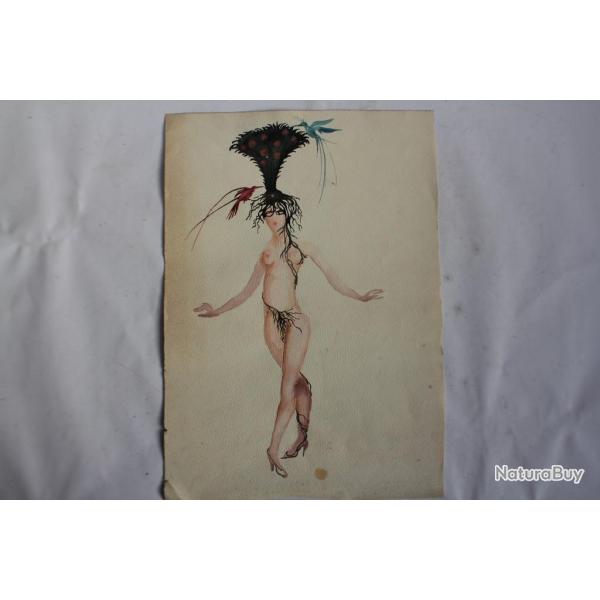 Dessin original Aquarelle Femme nue aux oiseaux