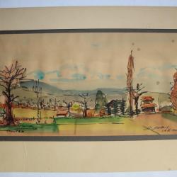 Dessin original à l'encre aquarellé D. DUBOIS Choulex Suisse 1961