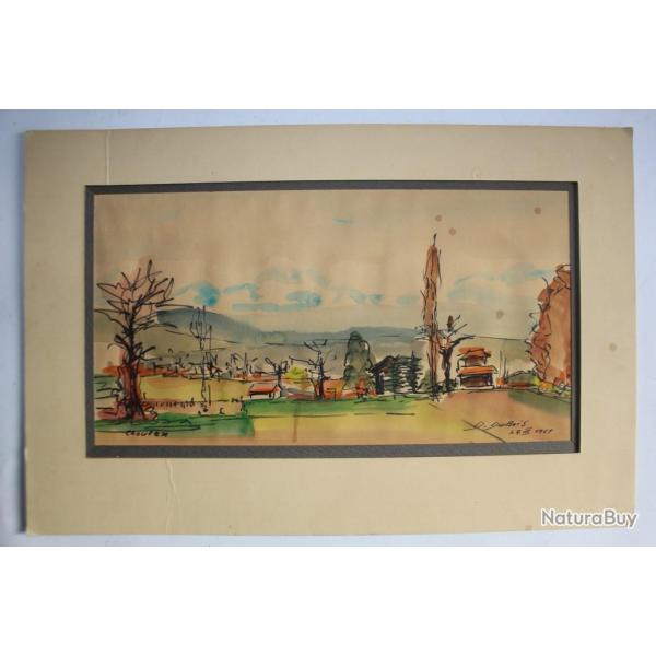 Dessin original � l'encre aquarell� D. DUBOIS Choulex Suisse 1961