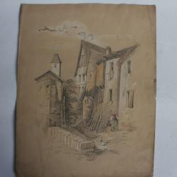 Dessin original au crayon réhaussé XIXe siècle