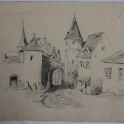 Dessin original au crayon Village XIXe siècle