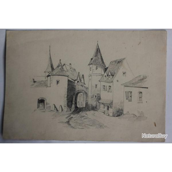 Dessin original au crayon Village XIXe si�cle