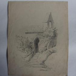 Dessin original au crayon Chapelle XIXe siècle