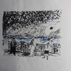 Lithographie originale Emilio RISSONE Bord de lac Suisse