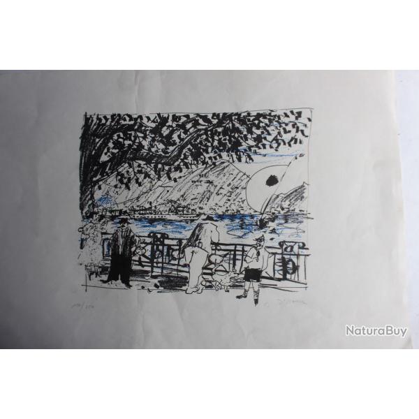 Lithographie originale Emilio RISSONE Bord de lac Suisse
