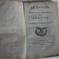 Livre Le danger des mauvais livres ou Sermon sur l'apocalipse 1806