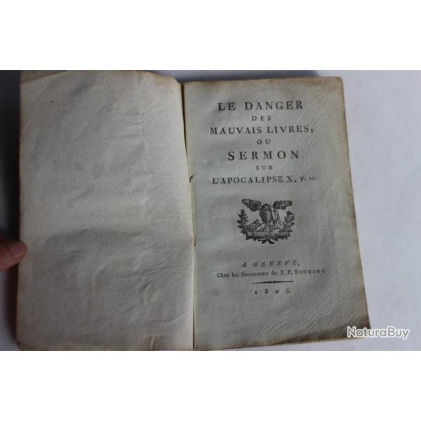 Livre Le danger des mauvais livres ou Sermon sur l'apocalipse 1806