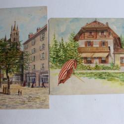 Aquarelles originales Lausanne / Grange-Canal (Genève) Suisse