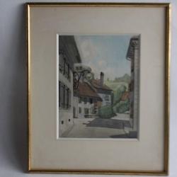 Aquarelle originale Ruelle à Bégnins de J. JUNET 1955 Vaud Suisse
