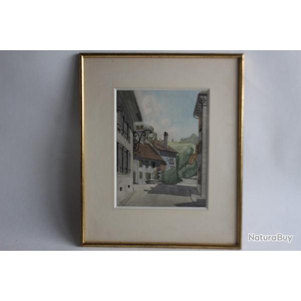 Aquarelle originale Ruelle  Bgnins de J. JUNET 1955 Vaud Suisse