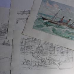 Grands dessins originaux à l'encre aquarelle Bateaux vapeur