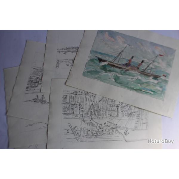 Grands dessins originaux  l'encre aquarelle Bateaux vapeur