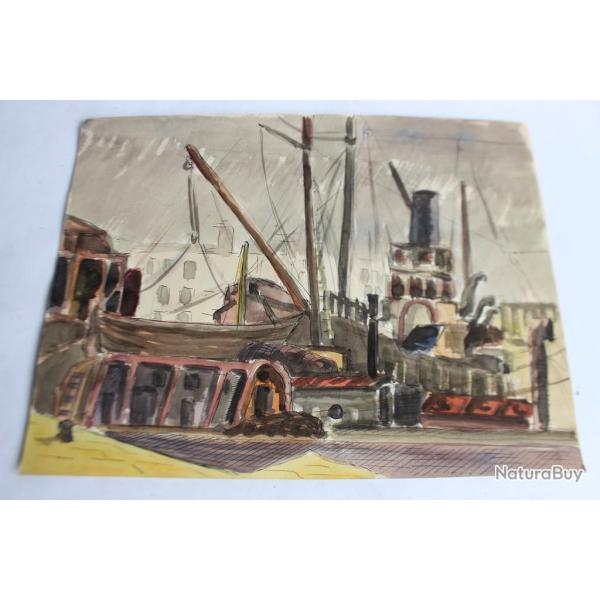 Peinture aquarelle Port bateaux