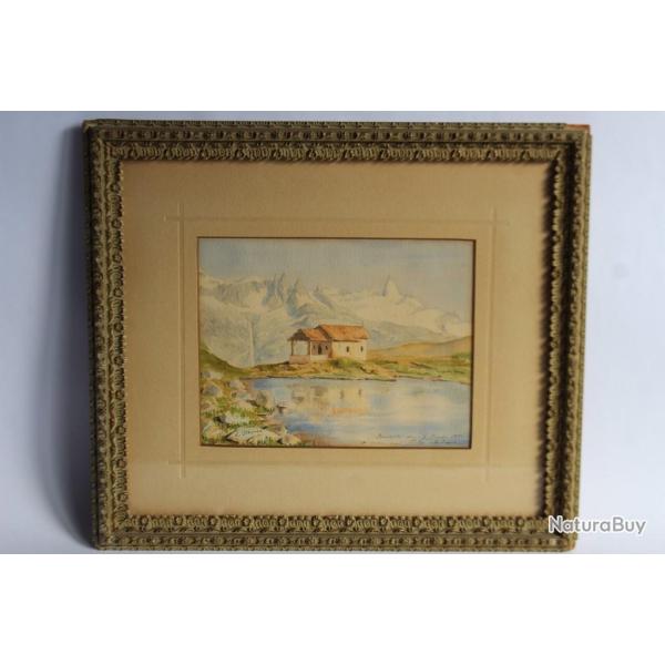 E. JAMES Aquarelle originale Lac de montagne 1886