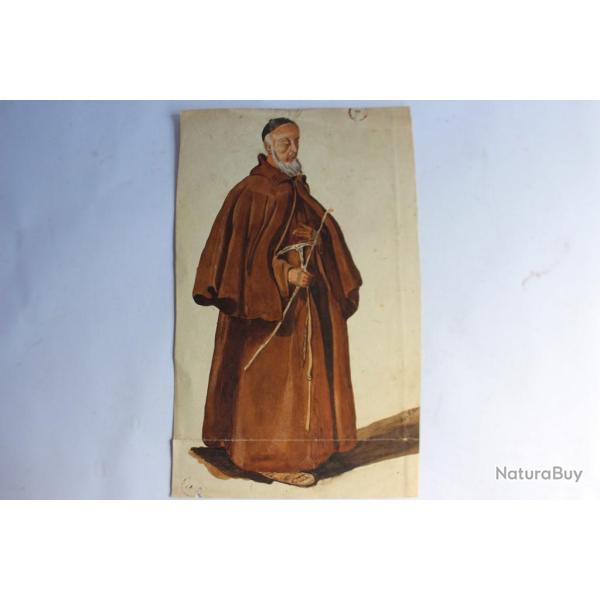 Aquarelle originale Moine 1847 Religieux