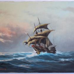 Tableau Bateau trois-mâts GROSSGLAUSER peinture à l'huile