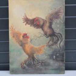 Tableau A. Faure Combat de coqs peinture à l'huile