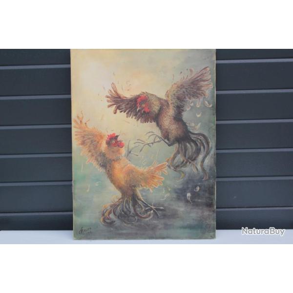 Tableau A. Faure Combat de coqs peinture � l'huile