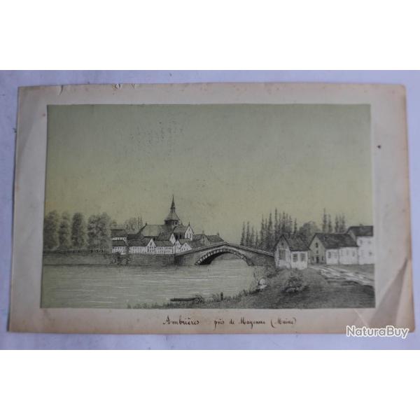 Dessin original au crayon Ambri�res pr�s de Mayenne Maine