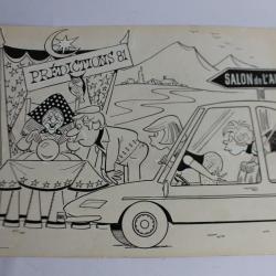 Dessin original sign&eacute; LEFFEL Salon de l'Auto 1981 Gen&egrave;ve