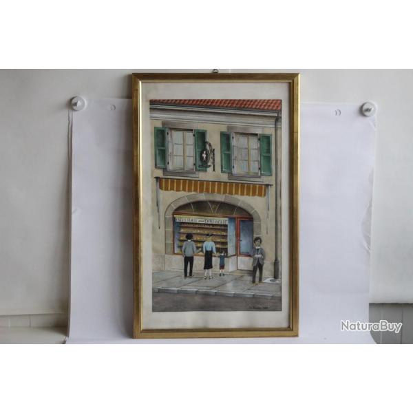 Aquarelle originale Ptisserie-Confiserie Guillermin Ch. Tocchio 1981