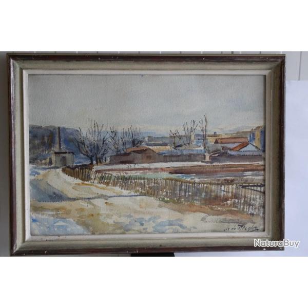 DE ZIEGLER Aquarelle Paysage de campagne Genevoise Suisse