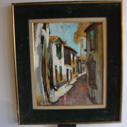 Tableau peinture a l'huile sur toile rue village 1962