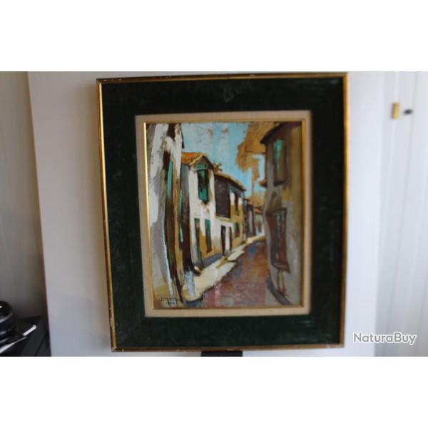 Tableau peinture a l'huile sur toile rue village 1962