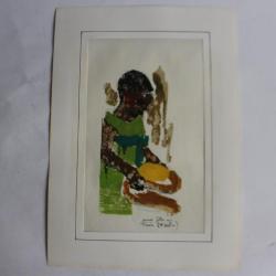 Aquarelle originale Afrique jeune fille au tamis
