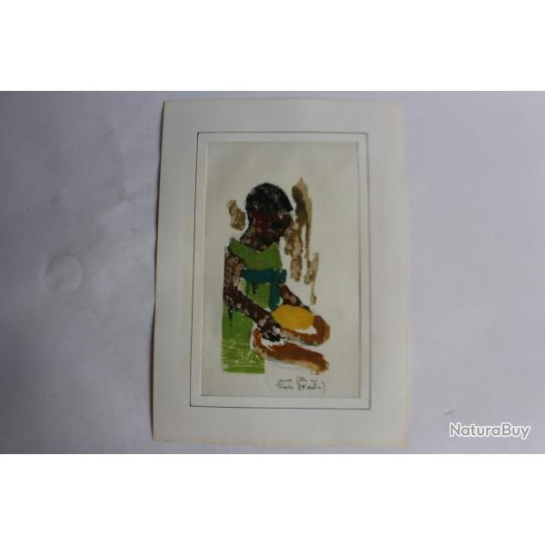 Aquarelle originale Afrique jeune fille au tamis