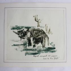 Aquarelle originale Afrique éléphant lac Albert