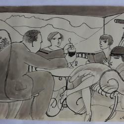 Dessin original a l'encre lavis Le café