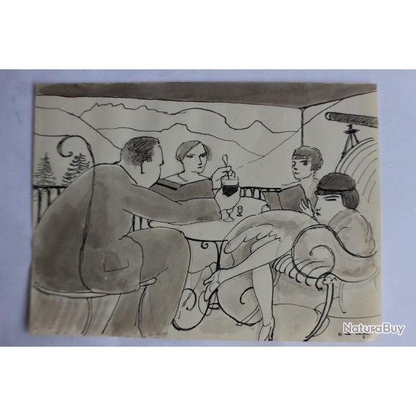 Dessin original a l'encre lavis Le caf�