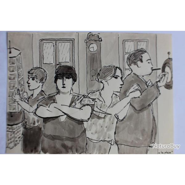 Dessin original a l'encre lavis La pluie